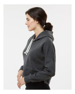 J. America 8853 Women’s Crop Hooded Sweatshirt – Black Triblend (on model side)