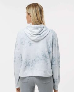 J. America 8853 Women’s Crop Hooded Sweatshirt – Grey Tie Dye (on model back)