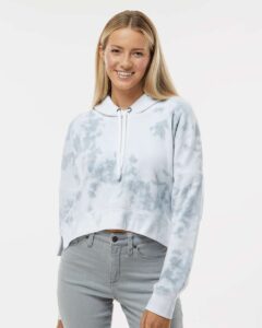 J. America 8853 Women’s Crop Hooded Sweatshirt – Grey Tie Dye (on model)