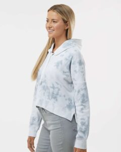 J. America 8853 Women’s Crop Hooded Sweatshirt – Grey Tie Dye (on model side)