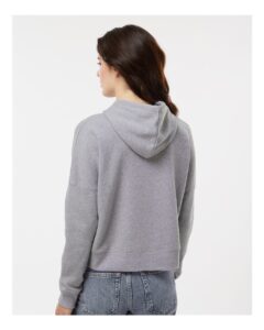 J. America 8853 Women’s Crop Hooded Sweatshirt – Grey Triblend (on model back)