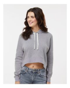 J. America 8853 Women’s Crop Hooded Sweatshirt – Grey Triblend (on model)