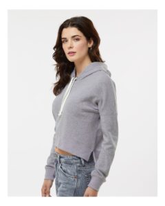 J. America 8853 Women’s Crop Hooded Sweatshirt – Grey Triblend (on model side)
