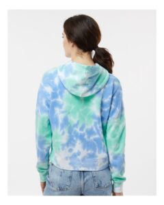 J. America 8853 Women’s Crop Hooded Sweatshirt – Lagoon Tie Dye (on model back)
