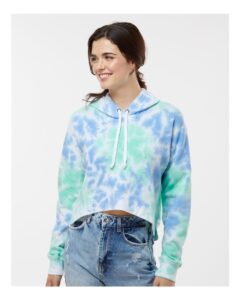 J. America 8853 Women’s Crop Hooded Sweatshirt – Lagoon Tie Dye (on model)