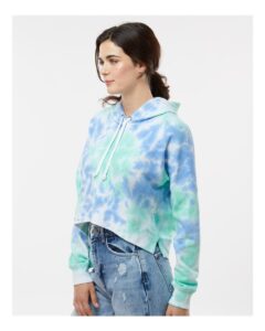 J. America 8853 Women’s Crop Hooded Sweatshirt – Lagoon Tie Dye (on model side)