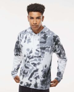 J. America 8861 Men’s Tie-Dyed Fleece Hooded Sweatshirt – Black Tie Dye (on model)