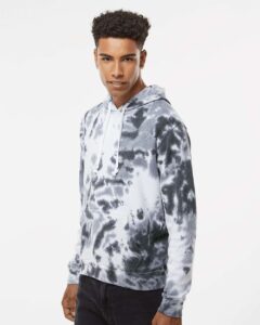 J. America 8861 Men’s Tie-Dyed Fleece Hooded Sweatshirt – Black Tie Dye (on model side)