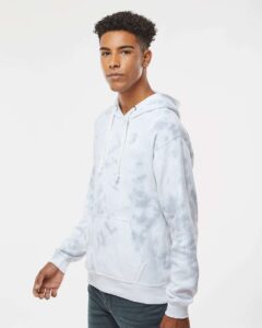 J. America 8861 Men’s Tie-Dyed Fleece Hooded Sweatshirt – Grey Tie Dye (on model side)