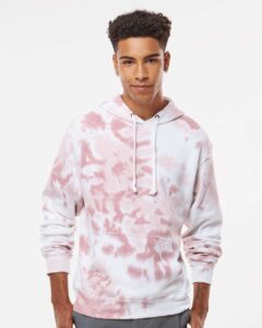 J. America 8861 Men’s Tie-Dyed Fleece Hooded Sweatshirt – Dusty Rose Tie Dye (on model)