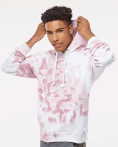 J. America 8861 Men’s Tie-Dyed Fleece Hooded Sweatshirt – Dusty Rose Tie Dye (on model side)