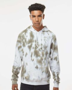 J. America 8861 Men’s Tie-Dyed Fleece Hooded Sweatshirt – Olive Tie Dye (on model)