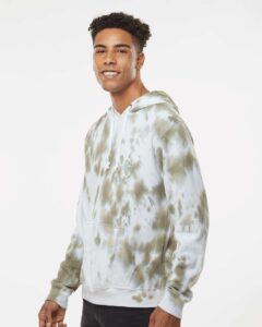 J. America 8861 Men’s Tie-Dyed Fleece Hooded Sweatshirt – Olive Tie Dye (on model side)