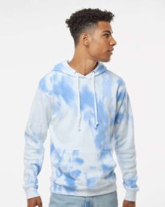 J. America 8861 Men’s Tie-Dyed Fleece Hooded Sweatshirt – Periwinkle Tie Dye (on model)