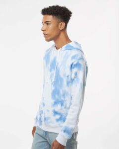 J. America 8861 Men’s Tie-Dyed Fleece Hooded Sweatshirt – Periwinkle Tie Dye (on model side)