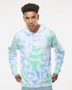 J. America 8861 Men’s Tie-Dyed Fleece Hooded Sweatshirt – Lagoon Tie Dye (on model)