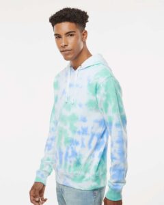 J. America 8861 Men’s Tie-Dyed Fleece Hooded Sweatshirt – Lagoon Tie Dye (on model side)