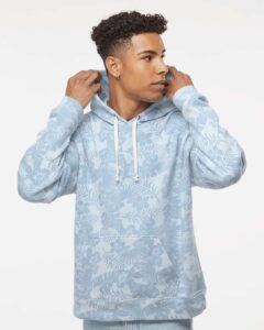 J. America 8871 Men’s Triblend Fleece Hooded Sweatshirt – Chambray Aloha Triblend (on model)