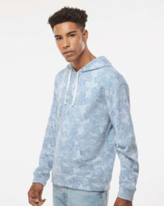 J. America 8871 Men’s Triblend Fleece Hooded Sweatshirt – Chambray Aloha Triblend (on model side)