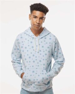 J. America 8871 Men’s Triblend Fleece Hooded Sweatshirt – Chambray Stars Triblend (on model)