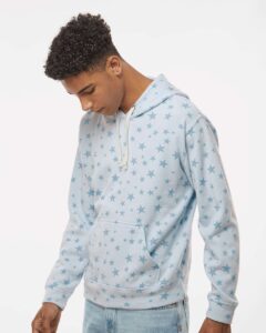 J. America 8871 Men’s Triblend Fleece Hooded Sweatshirt – Chambray Stars Triblend (on model side)