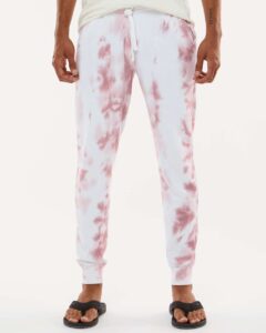 J. America 8884 Unisex Tie-Dyed Fleece Joggers – Dusty Rose Tie Dye (on model)