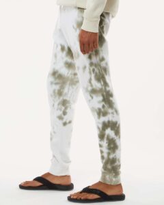 J. America 8884 Unisex Tie-Dyed Fleece Joggers – Olive Tie Dye (on model side)