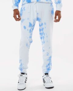 J. America 8884 Unisex Tie-Dyed Fleece Joggers – Periwinkle Tie Dye (on model)