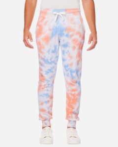 J. America 8884 Unisex Tie-Dyed Fleece Joggers – Sunset Tie Dye (on model)