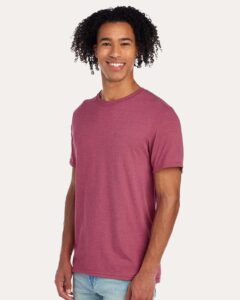 JERZEES 560MR Premium Blend Ring-Spun T-Shirt – Raspberry Heather (on model side)