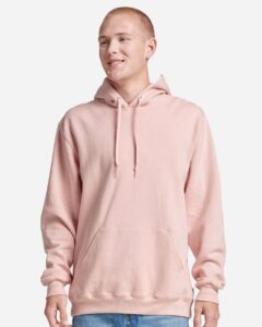 JERZEES 700MR Unisex Eco™ Premium Blend Ring-Spun Hooded Sweatshirt – Blush Pink (on model)