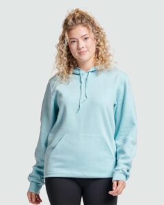 JERZEES 700MR Unisex Eco™ Premium Blend Ring-Spun Hooded Sweatshirt – Cloud Heather (on model)
