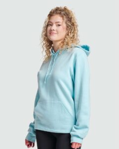 JERZEES 700MR Unisex Eco™ Premium Blend Ring-Spun Hooded Sweatshirt – Cloud Heather (on model side)