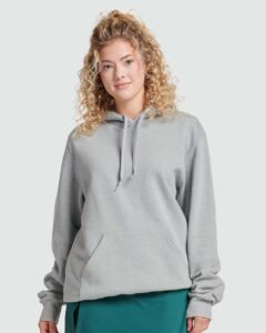 JERZEES 700MR Unisex Eco™ Premium Blend Ring-Spun Hooded Sweatshirt – Frost Grey Heather (on model)