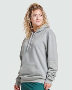 JERZEES 700MR Unisex Eco™ Premium Blend Ring-Spun Hooded Sweatshirt – Frost Grey Heather (on model side)