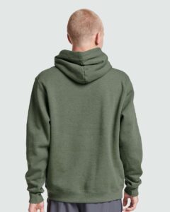 JERZEES 700MR Unisex Eco™ Premium Blend Ring-Spun Hooded Sweatshirt – Military Green Heather (on model back)