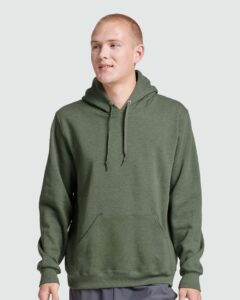 JERZEES 700MR Unisex Eco™ Premium Blend Ring-Spun Hooded Sweatshirt – Military Green Heather (on model)