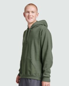JERZEES 700MR Unisex Eco™ Premium Blend Ring-Spun Hooded Sweatshirt – Military Green Heather (on model side)