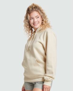 JERZEES 700MR Unisex Eco™ Premium Blend Ring-Spun Hooded Sweatshirt – Putty (on model side)