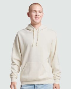 JERZEES 700MR Unisex Eco™ Premium Blend Ring-Spun Hooded Sweatshirt – Sweet Cream Heather (on model)