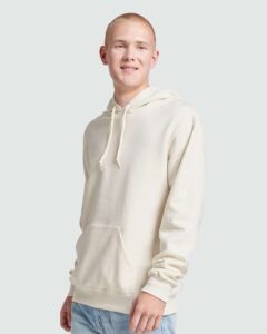 JERZEES 700MR Unisex Eco™ Premium Blend Ring-Spun Hooded Sweatshirt – Sweet Cream Heather (on model side)