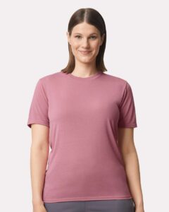 Gildan 42000 Unisex Performance® T-Shirt – Plumrose (on model)