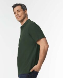 Gildan 64800 Unisex Softstyle® Pique Polo – Forest Green (on model side)