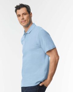 Gildan 64800 Unisex Softstyle® Pique Polo – Light Blue (on model side)