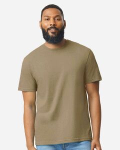 Gildan 64000CVC Unisex Softstyle® CVC T-Shirt – Dune Mist (on model)