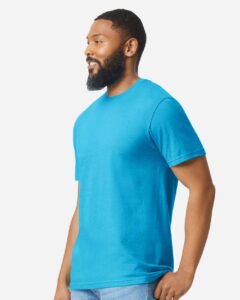 Gildan 64000CVC Unisex Softstyle® CVC T-Shirt – Caribbean Mist (on model side)