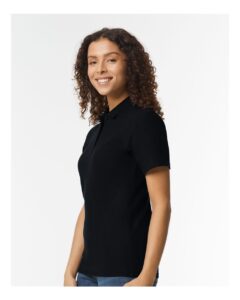Gildan 64800L Women’s Softstyle® Pique Polo – Black (on model side)