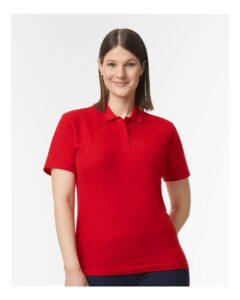 Gildan 64800L Women’s Softstyle® Pique Polo – Red (on model)