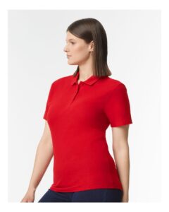 Gildan 64800L Women’s Softstyle® Pique Polo – Red (on model side)