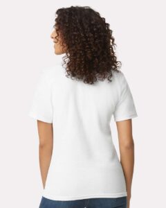 Gildan 64800L Women’s Softstyle® Pique Polo – White (on model back)